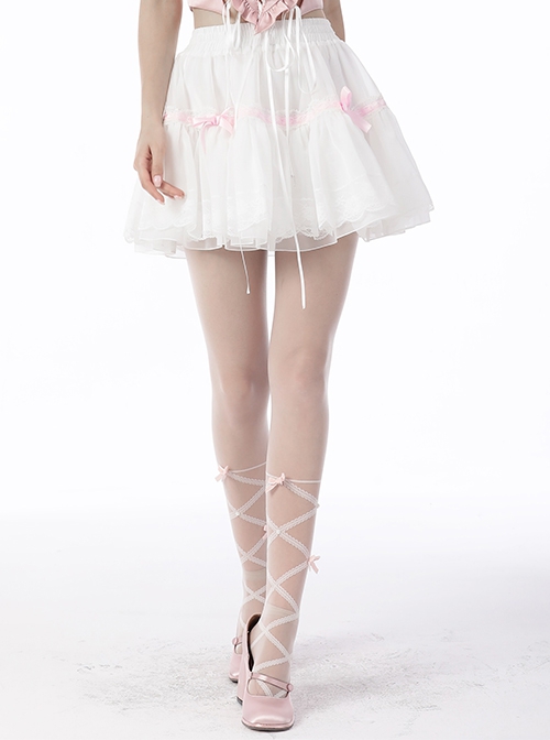 Gothic Style Sweet Mesh Lace Stitching Pink Ribbon Bowknot Cute White Mini Petticoat Tutu Skirt