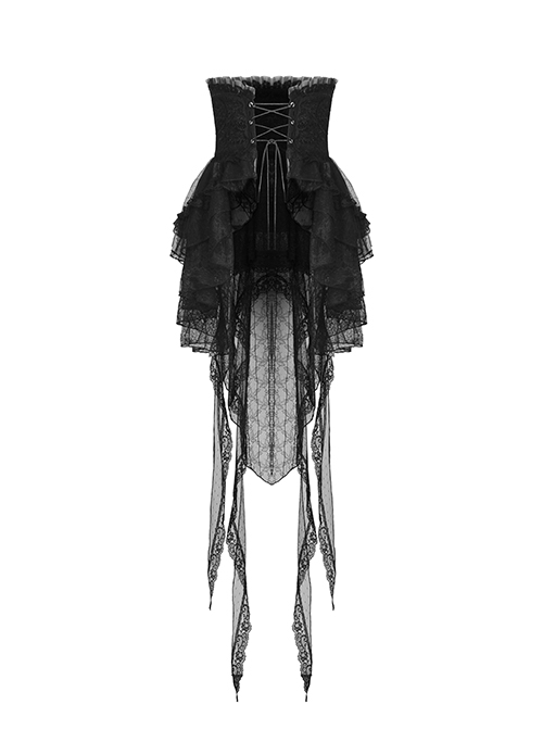Gothic Style Gorgeous Flowing Lace Long Tail Leather Cross Strap Retro Black Waist Cake Skirt