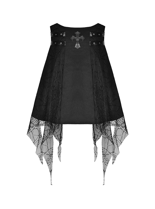 Punk Style Unique Leather Cross Double Belt Design Personalized Spider Net Lace Stitching Black Skirt