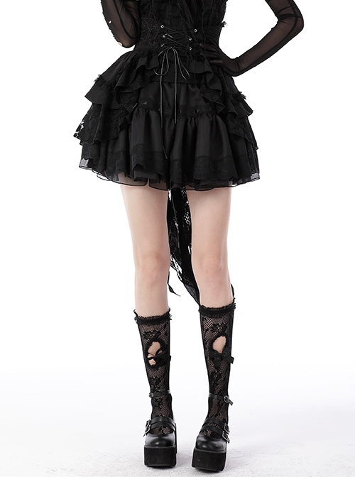 Gothic Style Exquisite Embroidered Lace Mesh Leather Strap Waist Luxury Long Tail Black Cake Skirt