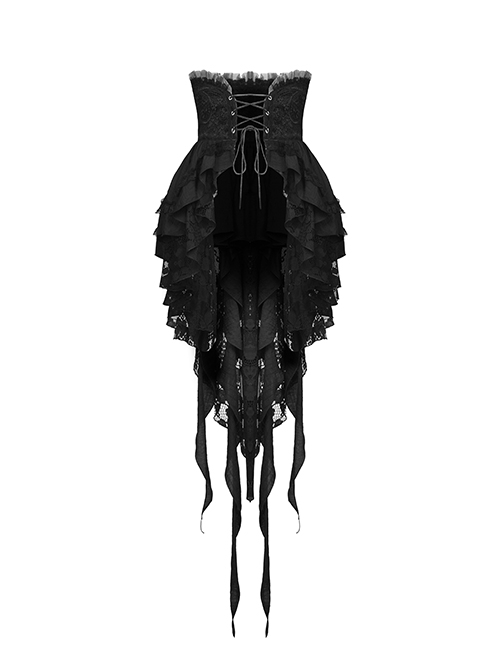 Gothic Style Exquisite Embroidered Lace Mesh Leather Strap Waist Luxury Long Tail Black Cake Skirt