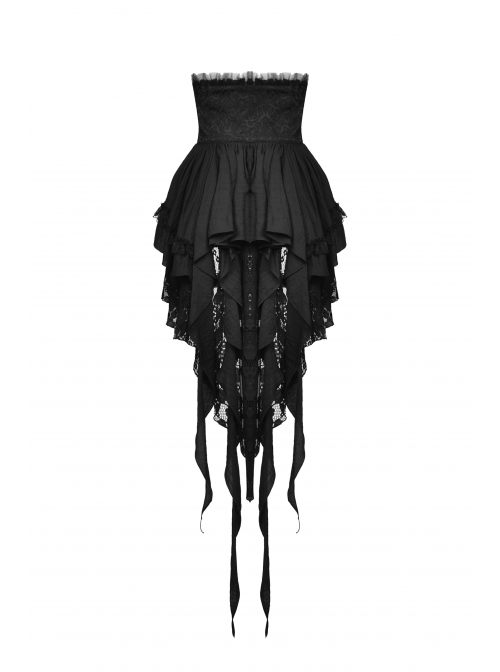 Gothic Style Exquisite Embroidered Lace Mesh Leather Strap Waist Luxury Long Tail Black Cake Skirt