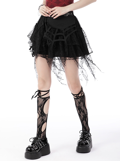 Punk Style Rebellious Girl Metal Buckle Belt Irregular Spider Web Tassel Hem Black Mini Skirt