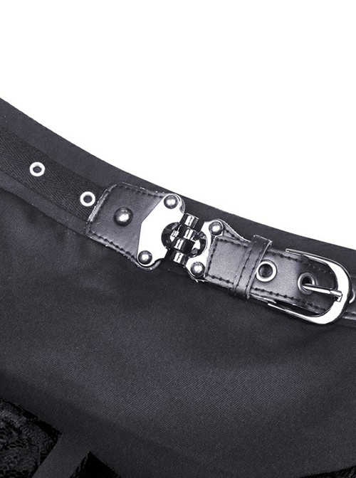 Punk Style Rebellious Girl Metal Buckle Belt Irregular Spider Web Tassel Hem Black Mini Skirt