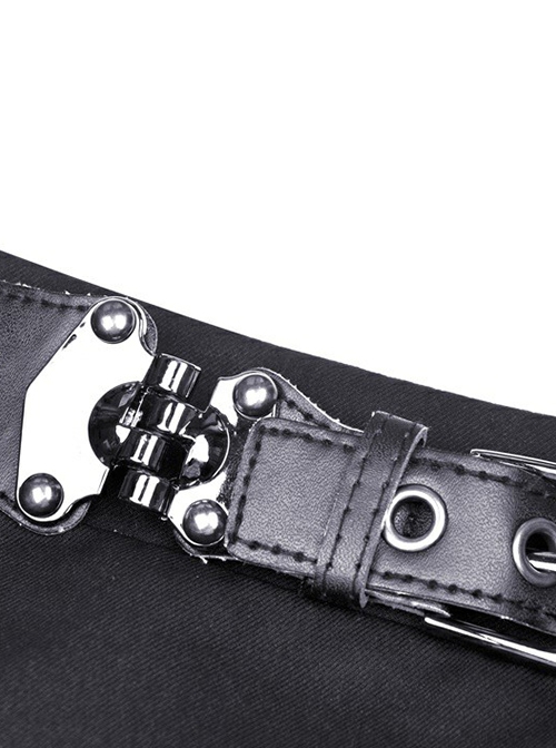 Punk Style Rebellious Girl Metal Buckle Belt Irregular Spider Web Tassel Hem Black Mini Skirt