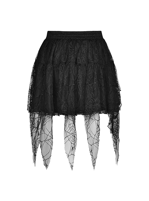Punk Style Rebellious Girl Metal Buckle Belt Irregular Spider Web Tassel Hem Black Mini Skirt