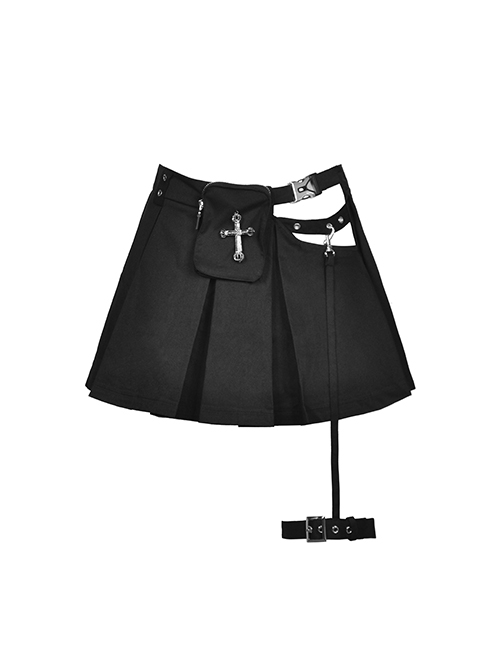 Punk Style Rebellious Rock Roll Hollow Metal Cross Waist Bag Design Daily Cool Black Pleated Skirt