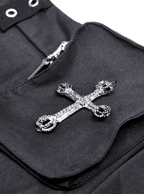 Punk Style Rebellious Rock Roll Hollow Metal Cross Waist Bag Design Daily Cool Black Pleated Skirt