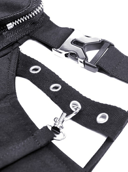 Punk Style Rebellious Rock Roll Hollow Metal Cross Waist Bag Design Daily Cool Black Pleated Skirt