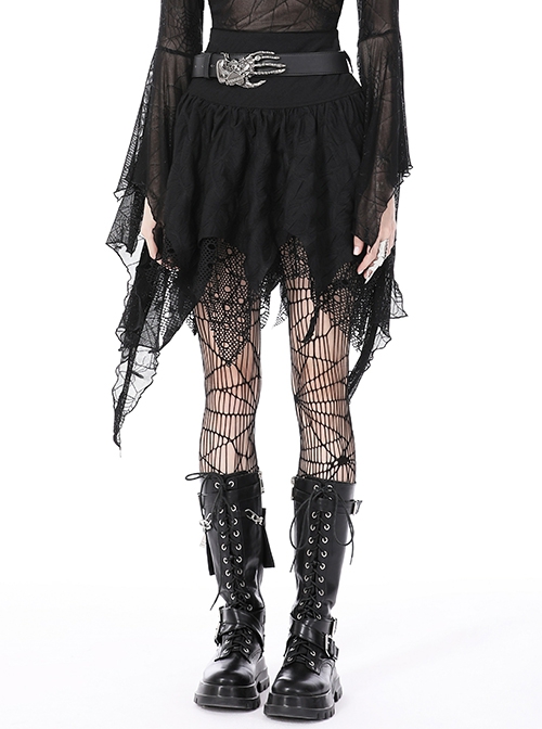 Gothic Style Personalized Ripped Lace Irregular Messy Hem Design Black High Waist Skirt