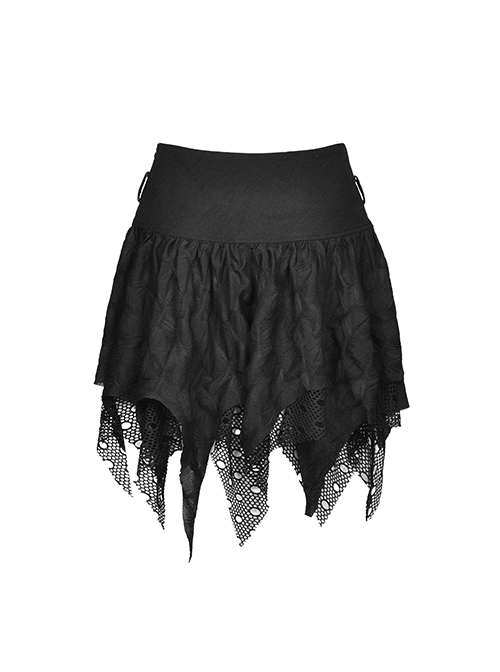 Gothic Style Personalized Ripped Lace Irregular Messy Hem Design Black High Waist Skirt