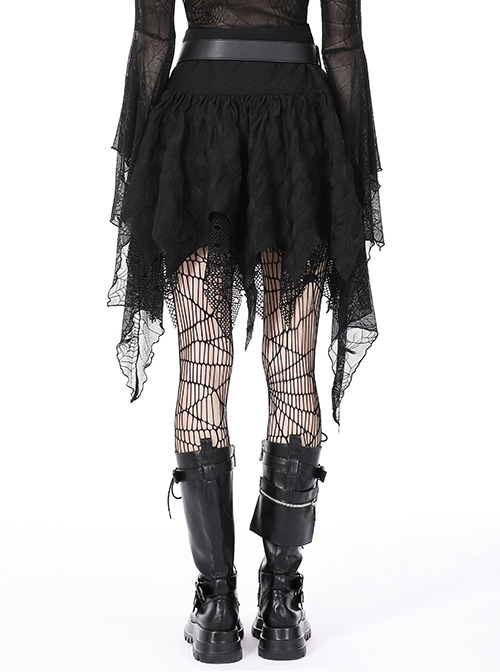 Gothic Style Personalized Ripped Lace Irregular Messy Hem Design Black High Waist Skirt
