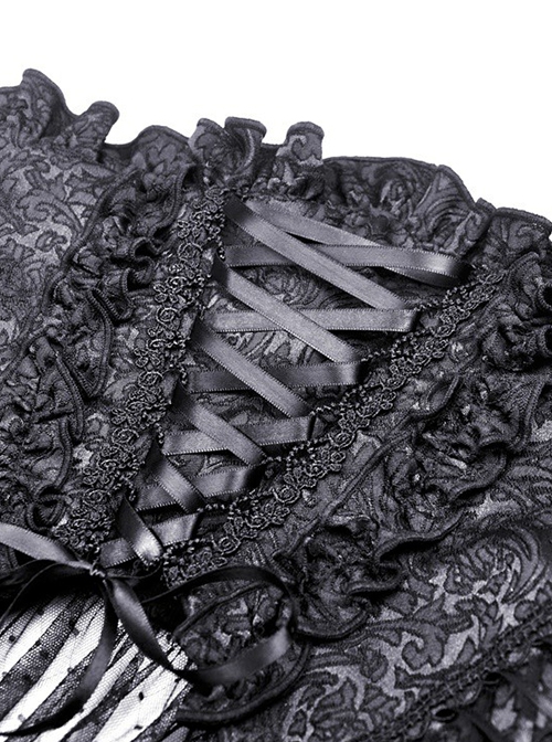 Gothic Style Luxury Palace Embroidery Exquisite Lace Ruffles Cross Ribbon Elegant Black Corset Skirt