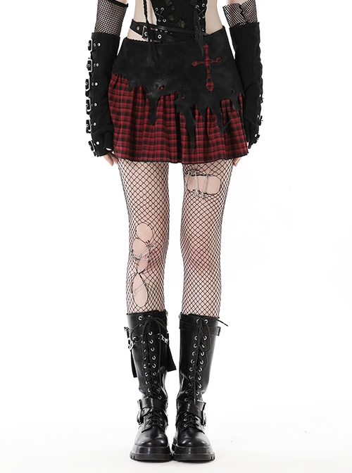 Punk Style Devil Cross Back Metal Zip Tattered Irregular Cut Black And Red Plaid Mini Skirt