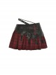Punk Style Devil Cross Back Metal Zip Tattered Irregular Cut Black And Red Plaid Mini Skirt