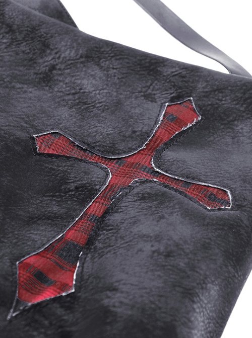 Punk Style Devil Cross Back Metal Zip Tattered Irregular Cut Black And Red Plaid Mini Skirt