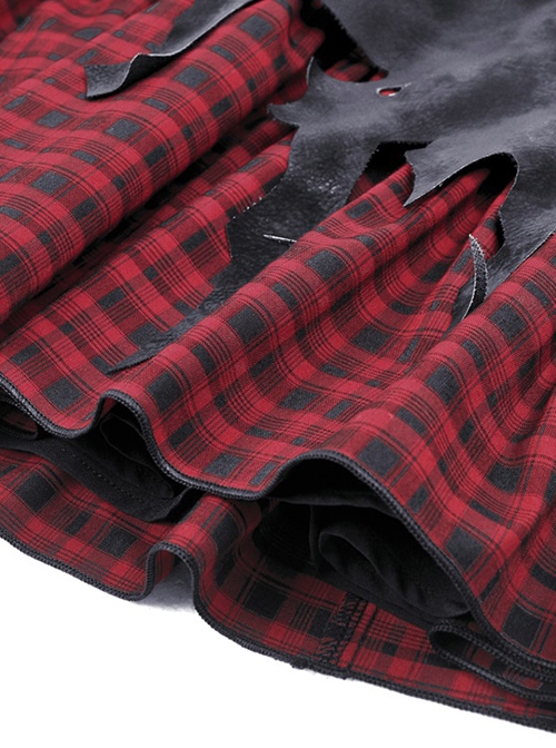 Punk Style Devil Cross Back Metal Zip Tattered Irregular Cut Black And Red Plaid Mini Skirt