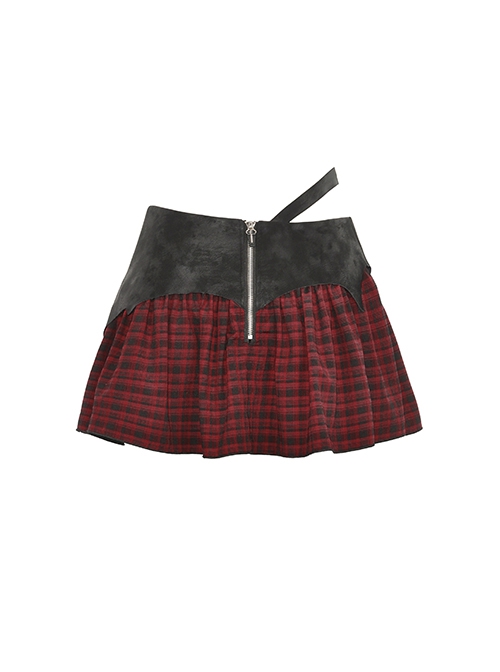 Punk Style Devil Cross Back Metal Zip Tattered Irregular Cut Black And Red Plaid Mini Skirt