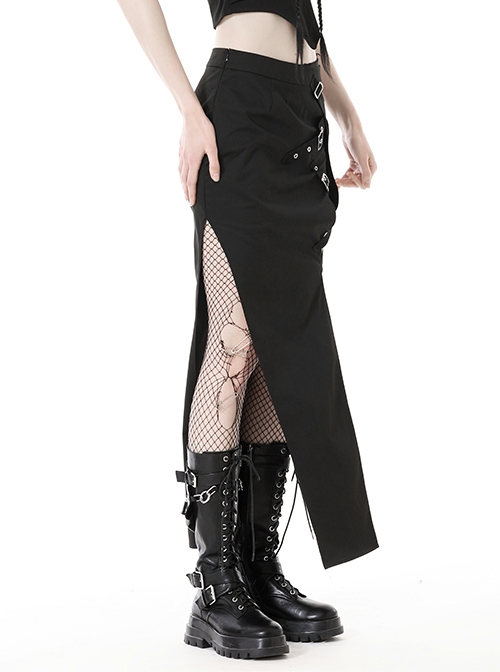 Punk Style Rock Metal Buckle Cross Strap Sexy Side Slit Daily Versatile Black Tight Long Skirt