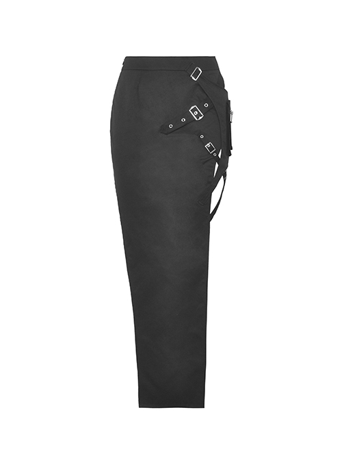 Punk Style Rock Metal Buckle Cross Strap Sexy Side Slit Daily Versatile Black Tight Long Skirt