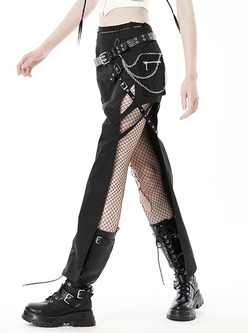 Punk Style Rock Metal Buckle Cross Strap Sexy Side Slit Daily Versatile Black Tight Long Skirt