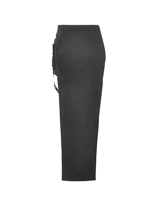 Punk Style Rock Metal Buckle Cross Strap Sexy Side Slit Daily Versatile Black Tight Long Skirt