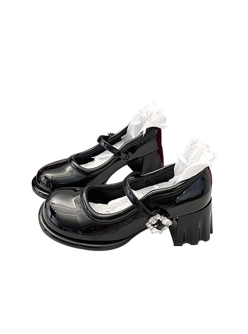 Glass Diamond Button Elegant Sweet Lolita Daily Versatile Wave Heel French Style Round Toe Mary Jane Shoes
