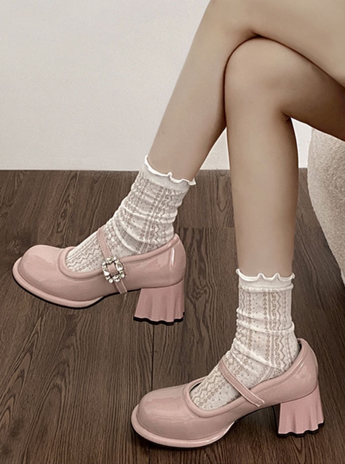 Glass Diamond Button Elegant Sweet Lolita Daily Versatile Wave Heel French Style Round Toe Mary Jane Shoes