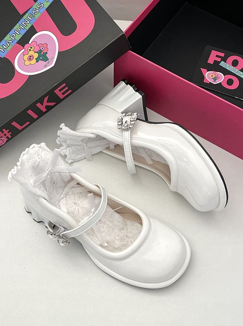 Glass Diamond Button Elegant Sweet Lolita Daily Versatile Wave Heel French Style Round Toe Mary Jane Shoes