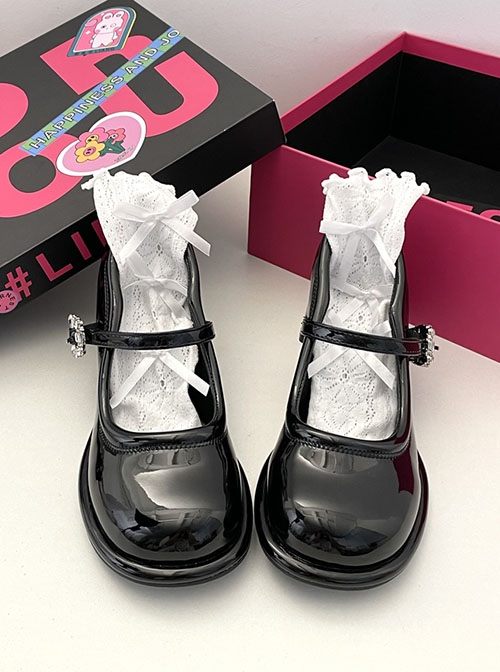 Glass Diamond Button Elegant Sweet Lolita Daily Versatile Wave Heel French Style Round Toe Mary Jane Shoes