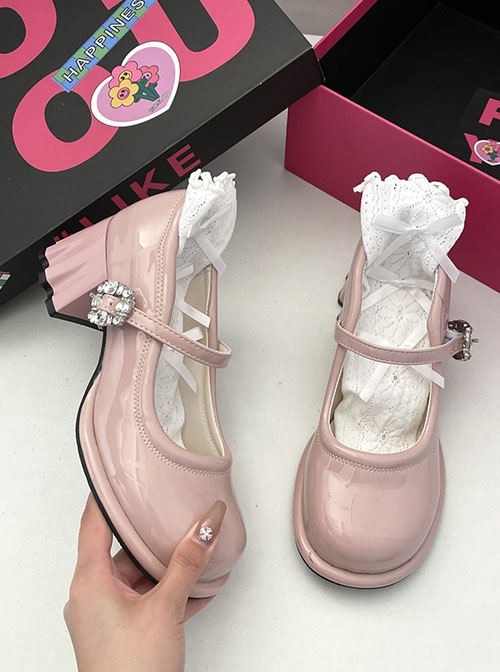 Glass Diamond Button Elegant Sweet Lolita Daily Versatile Wave Heel French Style Round Toe Mary Jane Shoes