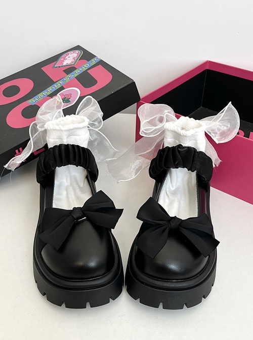 Soft Girl Daily Versatile Pleated Rope Shoelaces Sweet Lolita Kawaii Chunky Heel Thick Sole Round Toe Mary Jane Shoes