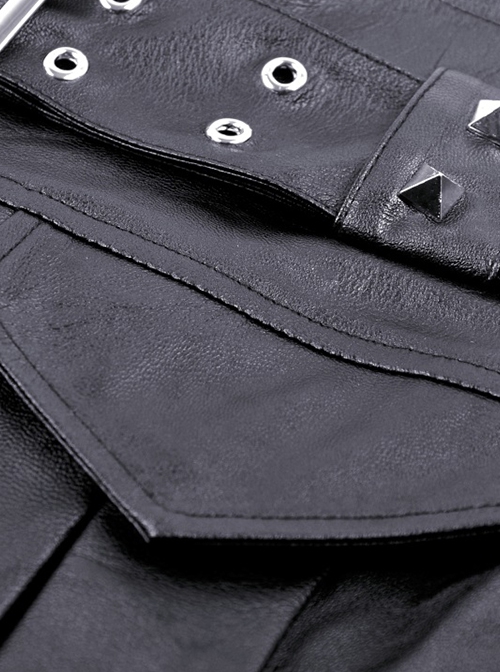 Punk Style Cool Rivet Metal Buckle Decorative Belt PU Leather Material Black Sexy Pleated Mini Skirt