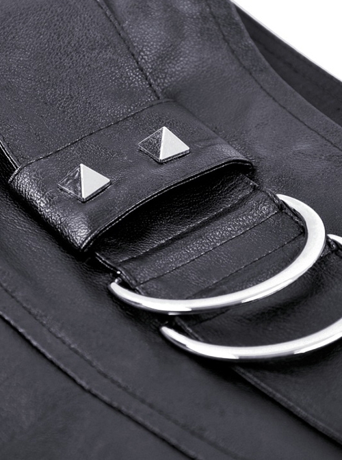 Punk Style Cool Rivet Metal Buckle Decorative Belt PU Leather Material Black Sexy Pleated Mini Skirt