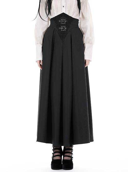 Gothic Style Retro Exquisite Embroidery Unique Metal Special Shaped Buckle Elegant Black Waist Long Skirt