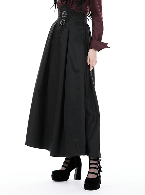 Gothic Style Retro Exquisite Embroidery Unique Metal Special Shaped Buckle Elegant Black Waist Long Skirt