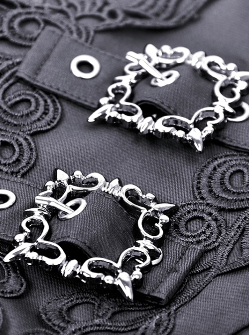Gothic Style Retro Exquisite Embroidery Unique Metal Special Shaped Buckle Elegant Black Waist Long Skirt