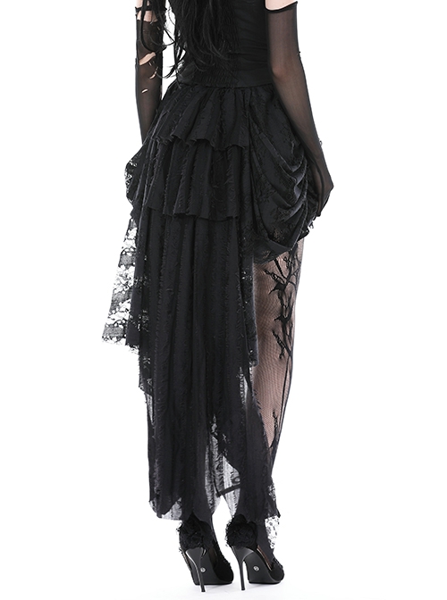 Gothic Style Exquisite Layered Lace Palace Pleated Retro Gorgeous Long Tail Black Sexy Skirt