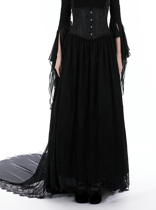 Gothic Style Palace Ruffled Delicate Mesh Lace Elastic Waist Elegant Black Maxi Tail Skirt