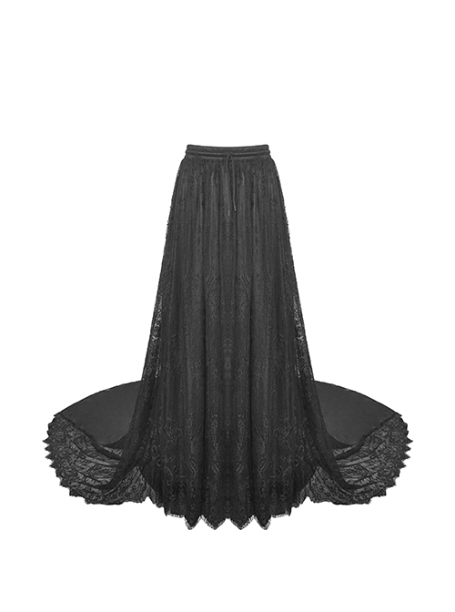 Gothic Style Palace Ruffled Delicate Mesh Lace Elastic Waist Elegant Black Maxi Tail Skirt