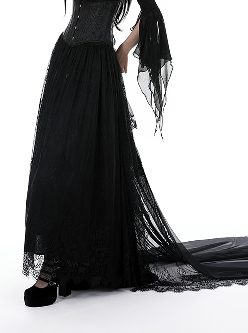 Gothic Style Palace Ruffled Delicate Mesh Lace Elastic Waist Elegant Black Maxi Tail Skirt