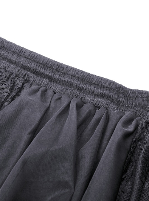 Gothic Style Palace Ruffled Delicate Mesh Lace Elastic Waist Elegant Black Maxi Tail Skirt