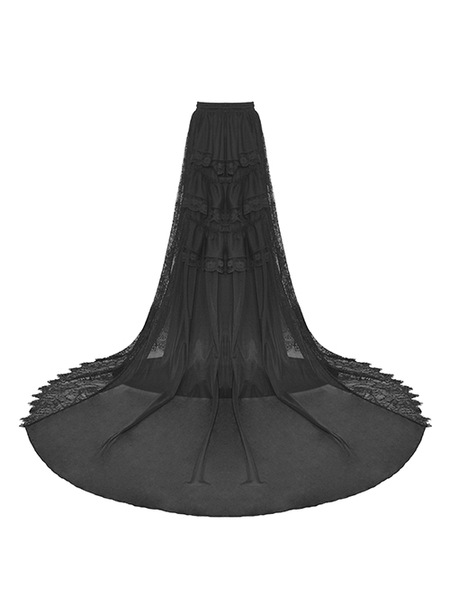 Gothic Style Palace Ruffled Delicate Mesh Lace Elastic Waist Elegant Black Maxi Tail Skirt