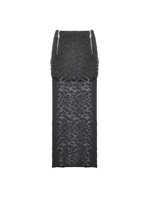 Punk Style Cool Personalized Metal Skull Hand Zip Unique Tattered Woven Fabric Black Long Tail Skirt
