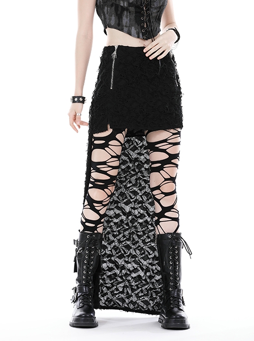 Punk Style Cool Personalized Metal Skull Hand Zip Unique Tattered Woven Fabric Black Long Tail Skirt