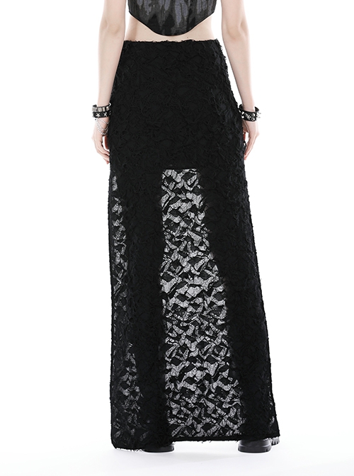 Punk Style Cool Personalized Metal Skull Hand Zip Unique Tattered Woven Fabric Black Long Tail Skirt