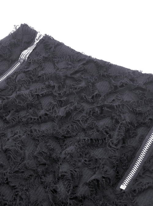 Punk Style Cool Personalized Metal Skull Hand Zip Unique Tattered Woven Fabric Black Long Tail Skirt