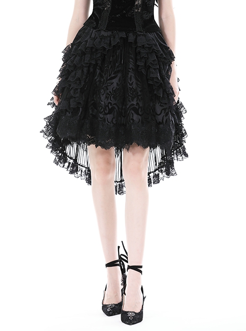 Gothic Style Luxury Velvet Exquisite Layered Mesh Lace Ruffle Elastic Waist Elegant Black Princess Skirt