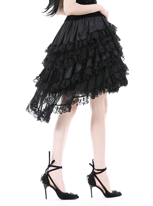 Gothic Style Luxury Velvet Exquisite Layered Mesh Lace Ruffle Elastic Waist Elegant Black Princess Skirt