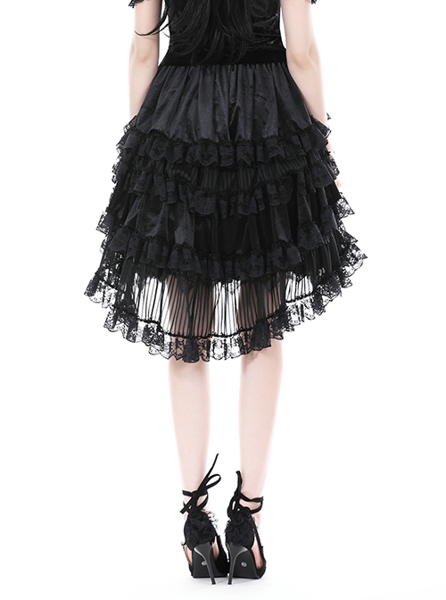 Gothic Style Luxury Velvet Exquisite Layered Mesh Lace Ruffle Elastic Waist Elegant Black Princess Skirt